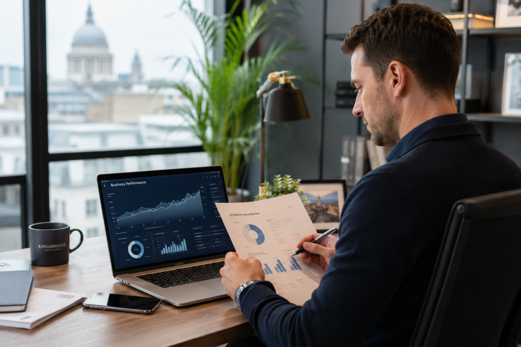 UK business owner reviewing Online Business Growth strategy in 2026